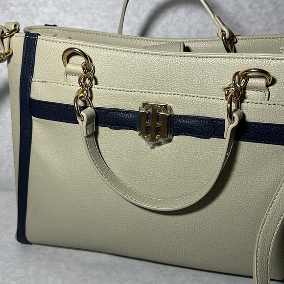 Tommy Hilfiger Taupe Navy Leather Satchel Tote Bag - Picture 3 of 11